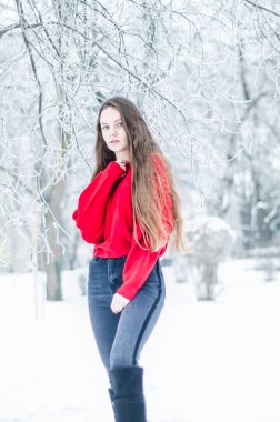 Buz gibi bir parkta bir kız, kışın çekilmiş gizemli bir kadın portresi, güzel gözler, dallardaki saçlar, dondurucu soğuk bir gün.