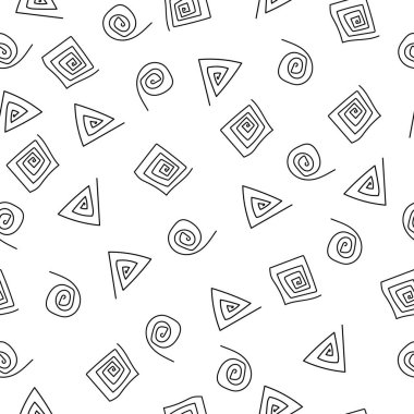   Düzensiz desen çeşitli geometrik şekiller kaotik bir şekilde elle çizilmiş, yazdırma, arkaplan resmi, spiral daireler, kareler ve üçgenler için renksiz kontur deseni