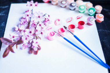 Tüplerdeki boyalar ve beyaz bir tuvaldeki fırçalar, numaralarla yapılmış tablolar, boş bir kağıt ve pembe boyalar, yeni başlayanlar için tablolar ve yakın plan bir tuvaldeki bahar kırmızı çiçekleri, yaratıcılık için bir set. 