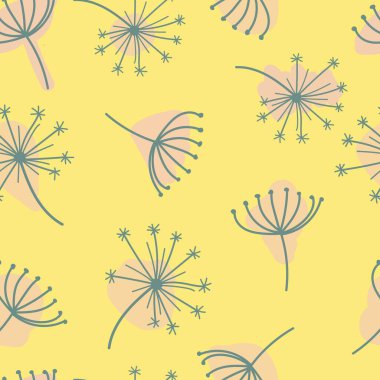 Sarı arka planda şemsiyesi olan cilt bakımı babaları, dereotunun kompleksi. Çiçek teması üzerine yaz arkaplan çizimi,