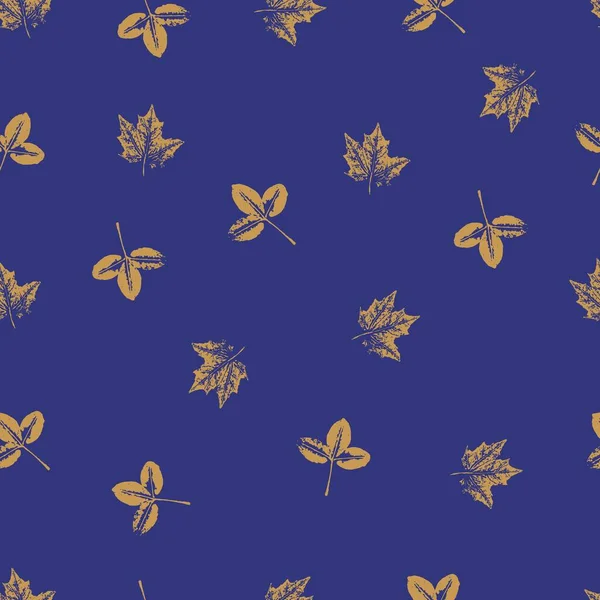 Бесшовный Узор Желтыми Листьями Синем Насыщенном Фоне Векторный Гранж Лист — стоковое фото