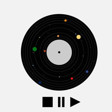 Gezegenlerle plak kaydı, ikonlarla kayıt müzik çalmak, ileri ve geri çalmak, müzik teması üzerine basım ve basım için bir diskin müzikal retro illüstrasyonu