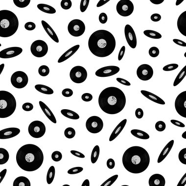 Kaotik bir şekilde vinil kayıt kalıpları, müzik retro yayımlar için dağınık disklerin dikişsiz desen ve müzik teması üzerine baskı