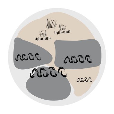 Özet röfle simgesi. Çeşitli şekiller ve nesneler çizilmiş fırça darbeleri, taşlar ve su. Modern moda kahverengi ve bej renkler. Her simge izole edilmiştir.