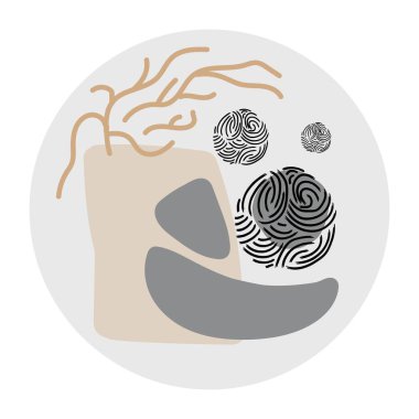 Bitkiler ve su temasındaki soyut vurgular. Elle çizilmiş çeşitli şekiller ve nesneler fırça darbeleri, noktalar. Modern moda kahverengi ve bej renkler. Her simge izole edilmiştir.