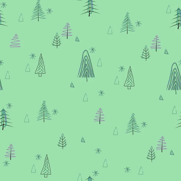 Лесные Каракули Рисунок Зеленом Фоне Минималистичный Узор Зимними Деревьями Нарисованные — стоковый вектор