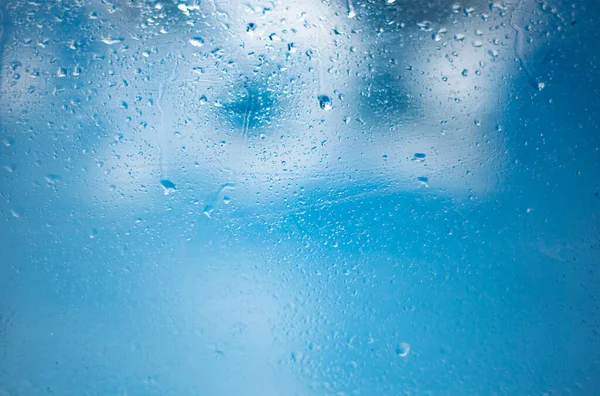 Gotas Chuva Vidro Fundo Abstrato Azul Com Gotas Água — Fotografia de Stock