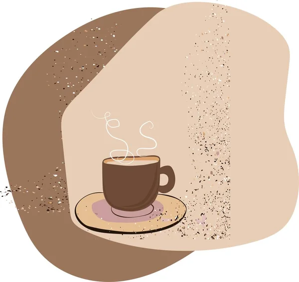 Taza Fragante Marrón Con Café Platillo Sobre Fondo Manchas Abstractas — Vector de stock