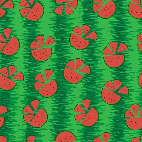 Безшовний Візерунок Кавунів Фоні Зеленої Смугастої Шкірки Фонове Зображення Половинок — стоковий вектор