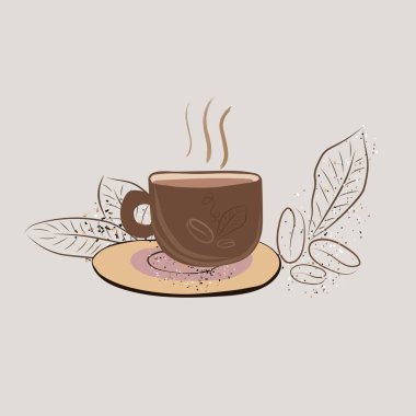 Kahve fincanının üzerinde kahve fincanı, kahve yaprakları, kahve teması üzerine resim kompozisyonu