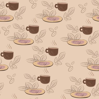 Kahverengi arka planda kahve fincanı ve kahve fincanı var. Kahverengi tabaklar, bitkiler ve su sıçramaları olan güzel bir desen.