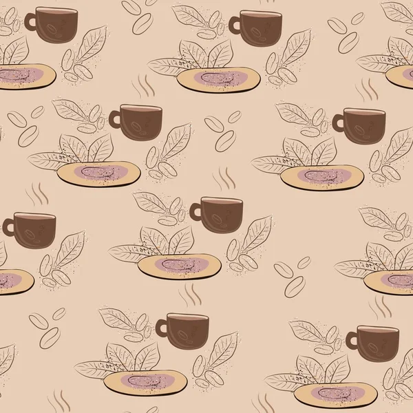 Kahverengi arka planda kahve fincanı ve kahve fincanı var. Kahverengi tabaklar, bitkiler ve su sıçramaları olan güzel bir desen.