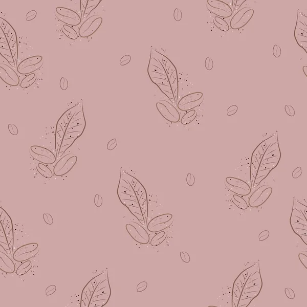 Простой Узор Кофейными Зёрнами Листьями Коричневых Тонах Ароматный Кофе Розовом — стоковый вектор