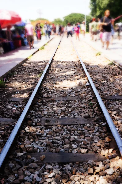 Railway in kanchanaburi, Thailand. Artistic water colour filter - Palette Knife — Stock Photo, Image