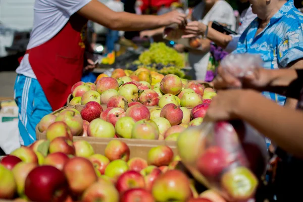 Boxes with apples, hands of customers on a farmers market (Krasnodarski krai, Russia) — ストック写真