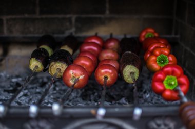 Sebzeler barbekü Tarih: patlıcan, domates, kırmızı biber (üzerinde kömürler, mangal)