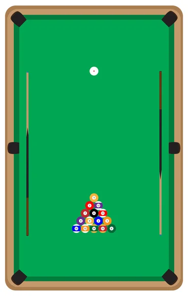 Pool table with balls and cue — Stock Vector