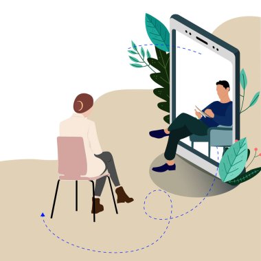 Psikolog, akıllı telefon, vektör yardım hattı psikiyatrisi, illüstrasyon psikoterapisi ve psikanaliz yardımı, psikiyatrist canlı yayın