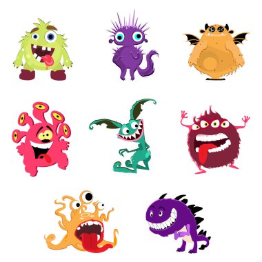 Cute cartoon monsters. Vector goblin or troll, cyclops and ghost. Illustration funny monsters set with original ears tails and eyes. Tentacle bizarre and friendly mascot characters. Silly gremlin toy clipart
