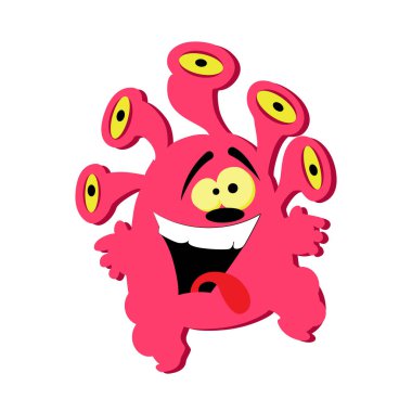 Beyazda izole edilmiş bir grup gözü olan komik pembe bir canavar. Çizim çılgın aktif cin ve canavar, çizgi film aptal oyuncak, Gremlin clipart maskotu vektörü