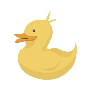 Kauçuk sarısı ördek beyaz arka planda izole edilmiş. Banyo ördeği, duş için sarı lastik oyuncak, plastik ördek yavrusu, yüzen ördek çizimi