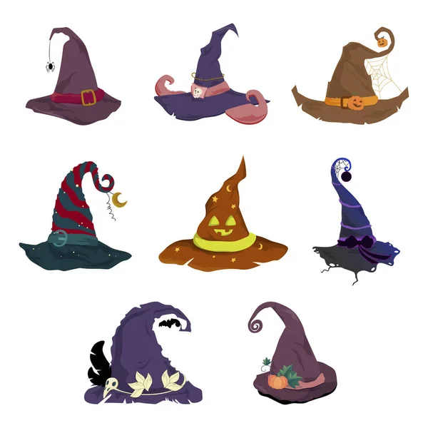 Halloween Hat Collection Cap Witch Set Magic Hat Elf Dwarf — Stock Vector