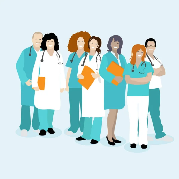 Sağlık ekibi, doktorlar, hekim ve hemşire. Vektör doktor hattı ön takımı, hemşire ve tıp çalışanı, dişçi ve profesyonel cerrah illüstrasyonu