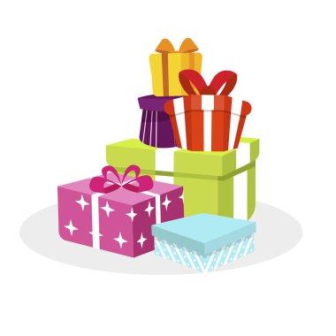 Xmas ve yeni yıla üç boyutlu izometrik hediye yığını. Parlak renkli resimli vektör izometrik hediye kutuları