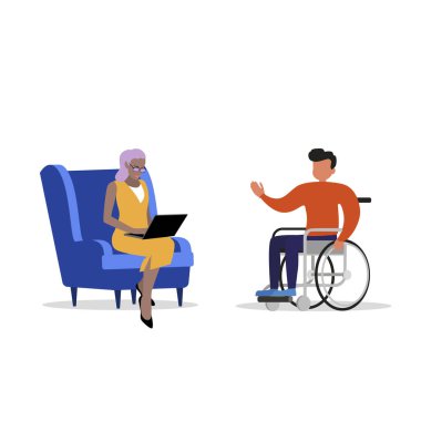 Engelliler için psikolojik yardım. Tekerlekli sandalyedeki psikolog ve hasta savaştan sonra engelli kişiye yardım, rehabilitasyon ve destek askeri. Vektör illüstrasyonu