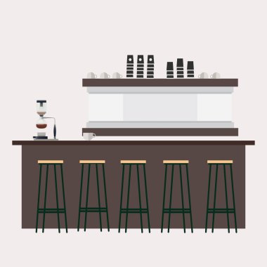 Boş bar tezgahı, kahveci işyeri. Vektör profesyonel kafeterya, gece kulübünde kahve tezgahı, restoran tezgahı illüstrasyonu.