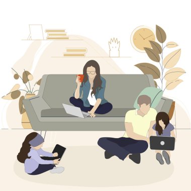 Aile, akıllı telefon dizüstü bilgisayarı ya da tabletle vakit geçirir. Birlikte bağımlılık ve bağımlılık, kanepede izlemek ve kullanmak, alışkanlık aleti. Vektör illüstrasyonu