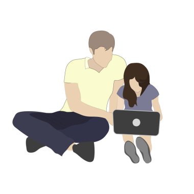 Baba ve kızı dizüstü bilgisayarda ev işi yapıyor. Birlikte ev ödevi yapmak aile, çocuk kız baba, karantina sırasında eğitim, özel ders. Vektör illüstrasyonu