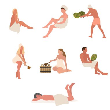 Buhar odasında banyo havlusu giymiş erkek kadın, çeşitli pozlar. İnsanlar banyo ya da saunada, spa buhar çizgi filminde, kız ve erkek sağlığında rahatlar. Vektör illüstrasyonu