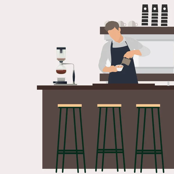 職場のバリスタがコーヒーを淹れる レストランのベクトルバリスタの男 カフェで働く男 カフェテリアのインテリア 労働者はエスプレッソを作る コーヒーハウスのイラストの労働者 — ストックベクタ