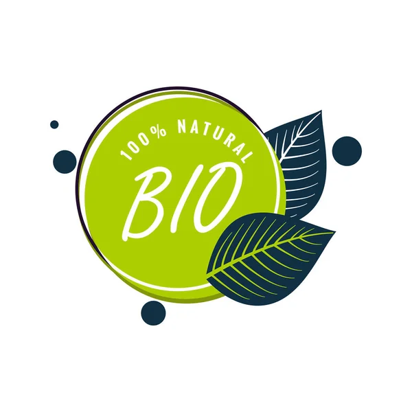 バイオナチュラル製品ラベル 葉の緑のバッジ 保証エコ食品 ステッカーバイオとエコ野菜 健康パッケージバッジ ベクトルイラスト — ストックベクタ