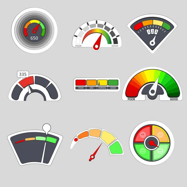 Meter Score Credit Scale Gauge Niveau Meten Gekleurde Indicator Vector — Stockvector