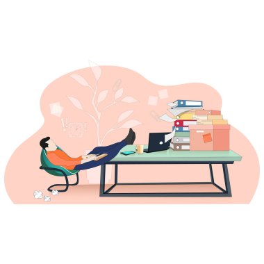 Tembel işçi atölyede dikkatsiz, tembelce bir konsept. Tembel işçi atölyesi düz bir şekilde oyalanıyor. Çizgi film düz çizim. Çok çalışan profesyonel ve dinlenen girişimci