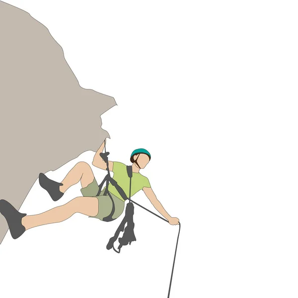 Sozinho Escalador Com Corda Para Cima Ilustração Alpinista Jornada Montanha — Vetor de Stock