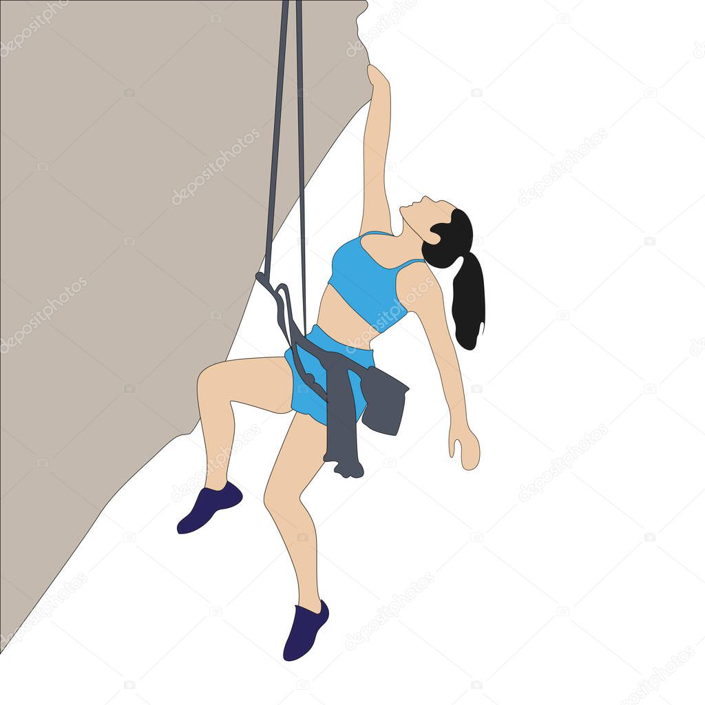 Woman hang on rock cliff, extreme solo cimbing. Climber go to up to mountain, risky accomplish, vector woman mountaineer illustration