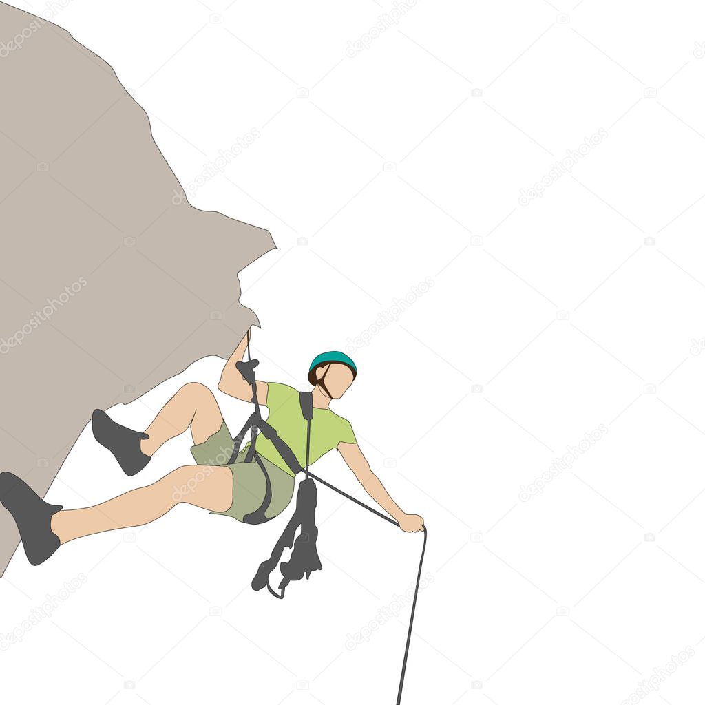 Solo climber with rope go to up. Illustration climber journey mountain, accomplish training to mount summit vector