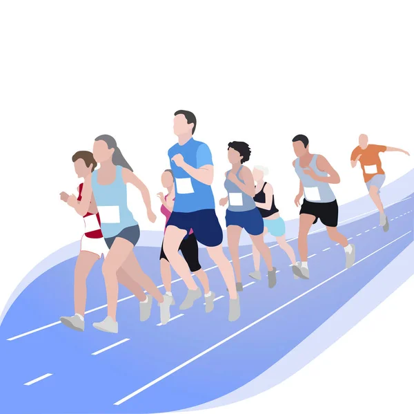 Maraton koşucusu etkinliği, spor müsabakası. Yarış egzersizi, spor müsabakası 5k yarışı, hızlı yürüyüş ve açık havada koşma, spor kadın ve erkek. Vektör illüstrasyonu