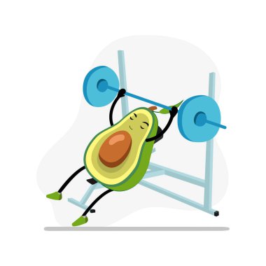 Spor salonundaki avokado, sevimli, aktif karakter, komik yemekler, doğal beslenme, spor ve spor yapma. Vektör illüstrasyonu