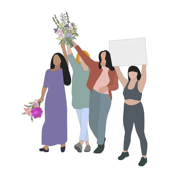 妇女团体手持鲜花和标语牌 为和平与妇女权利而奋斗 带有横幅 性别问题小组卡通画 妇女运动姐妹插图的女性人群 — 图库矢量图片