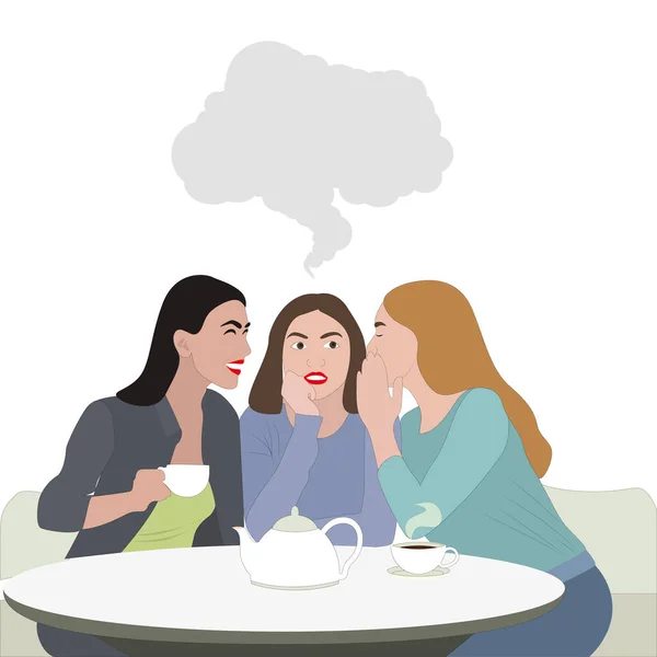女人的友谊 姑娘们边喝咖啡边闲聊 朋友们一起出去玩 女士从闲聊中惊讶的表情 病媒图解 — 图库矢量图片