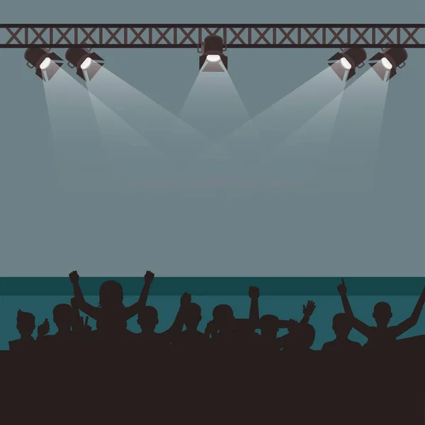 ファンや観客 コンサートフェスティバルや音楽イベントで空のステージ ステージクラブ 照明なし 輝きスポットライト コンサートに明るいシーン照明を表示します ベクターイラスト — ストックベクタ