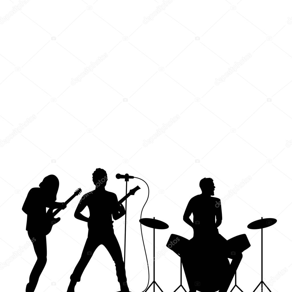 Rock band drummer, singer and guitarist black silhouette, rock wallpaper. Rock concert, musical performing band, illustration of scene silhouette vector