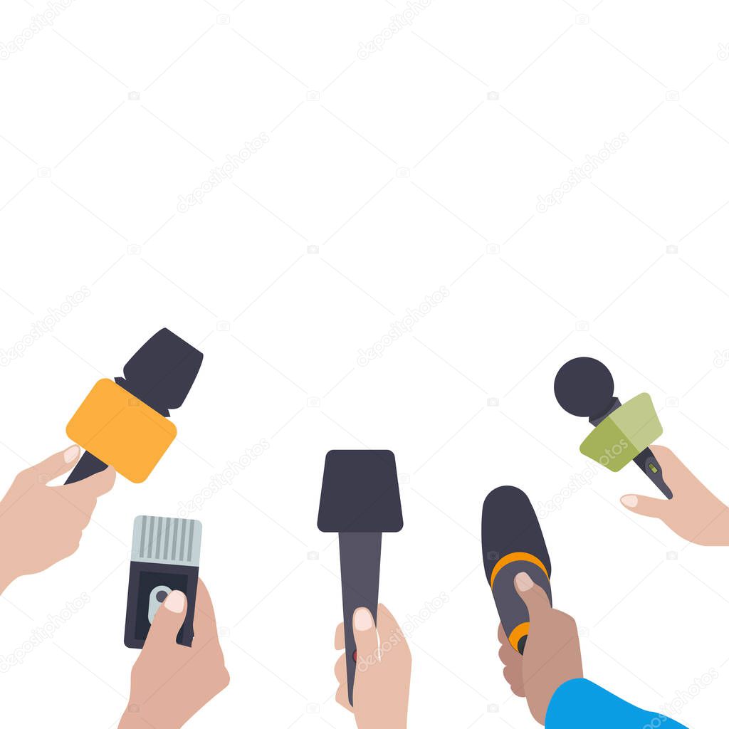 Hands with microphones. Journalist press conference, interview reporter, journalism communication, mass media news, microphone and place. Vector illustration