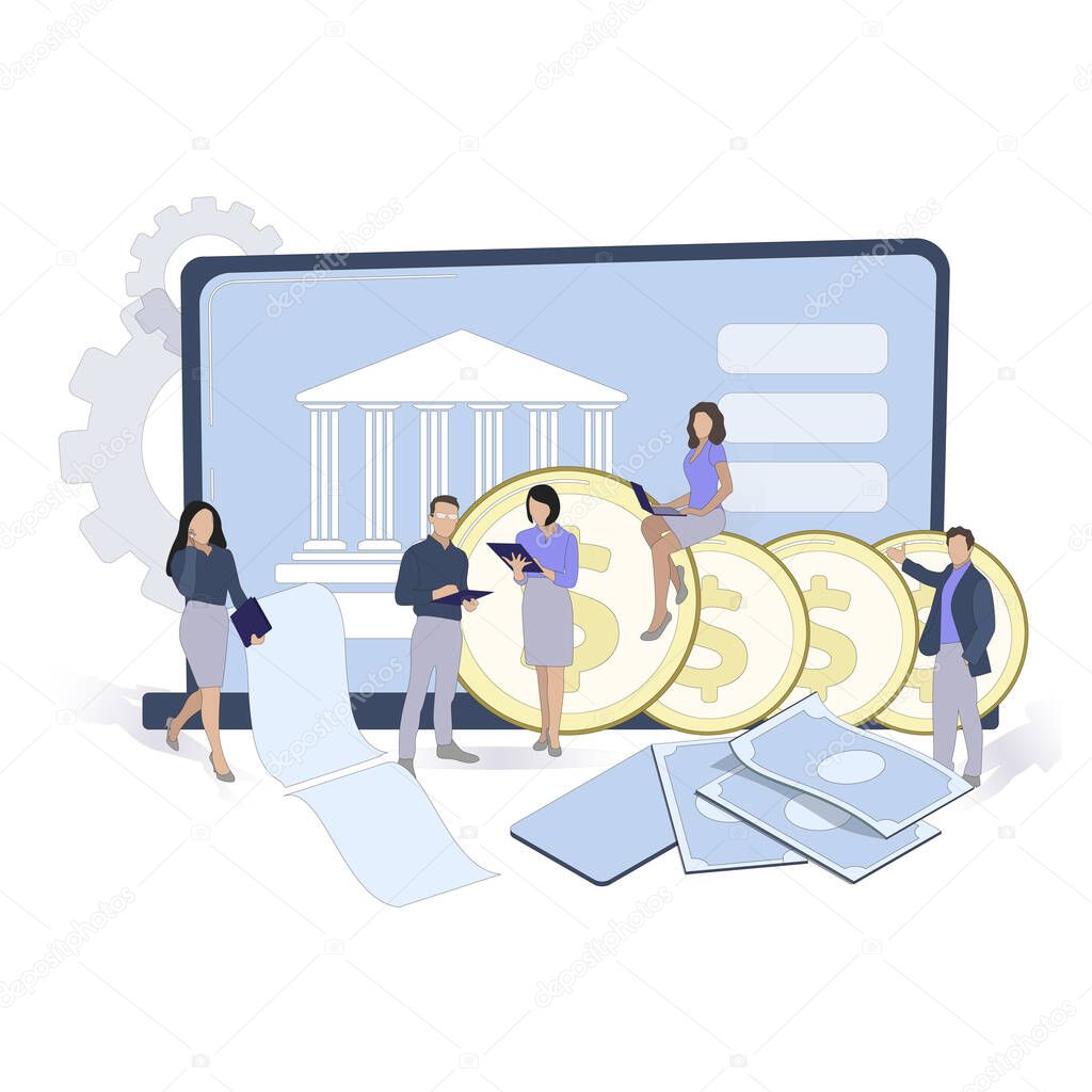 Online banking, pay and transfer, check balance, credit and deposit. Vector banking fintech, digital finance illustration, money payment online