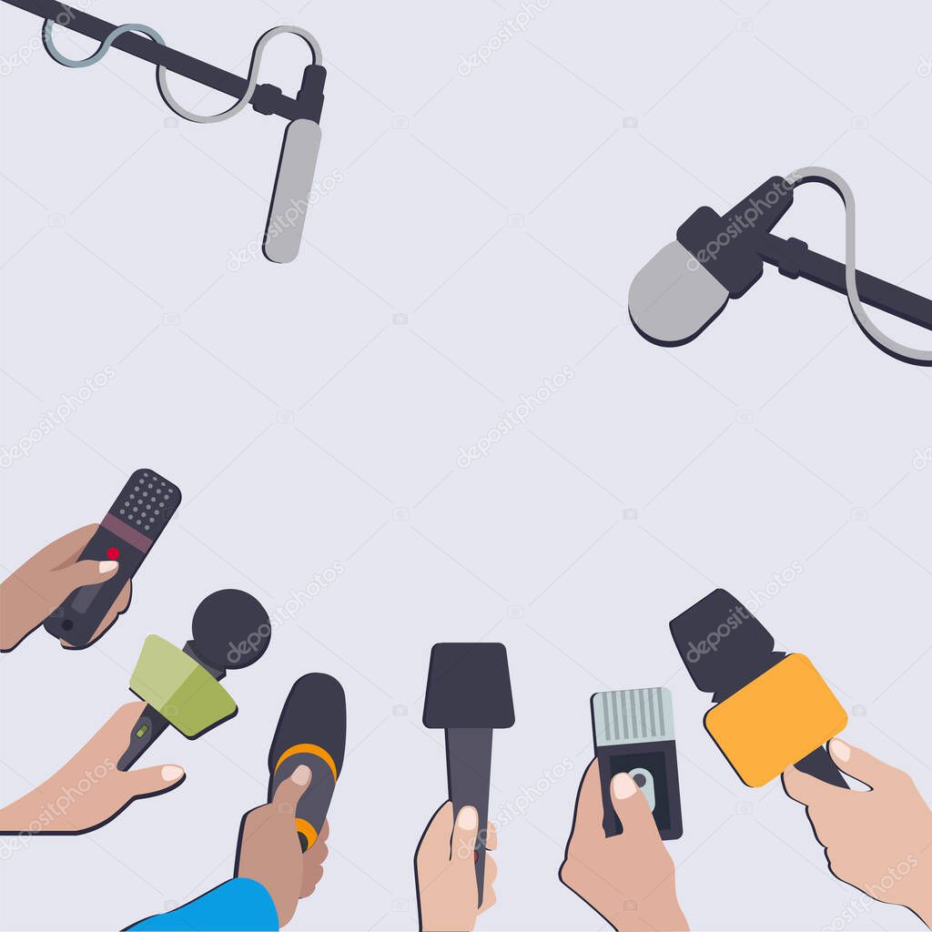 Press conference and interview, journalism broadcasting, recorder and microphone, reporter communication, banner for news and report. Vector illustration