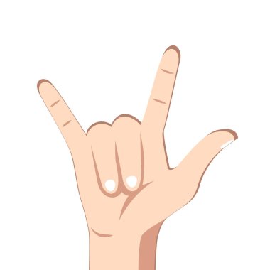 Boynuz karikatürü, insan eli hareketi. Kaya elini destekleyen vektör sembolü, şeytan boynuzlarının müzik hareketi, heavy metal ikonu, rockçı illüstrasyonu için insan kolu. Havalı ifade duygu jestleri